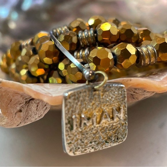 IMAN Glass Gold Metallic Six Strand Beaded Bracelet - Adjustable Rare Find - Picture 3 of 12